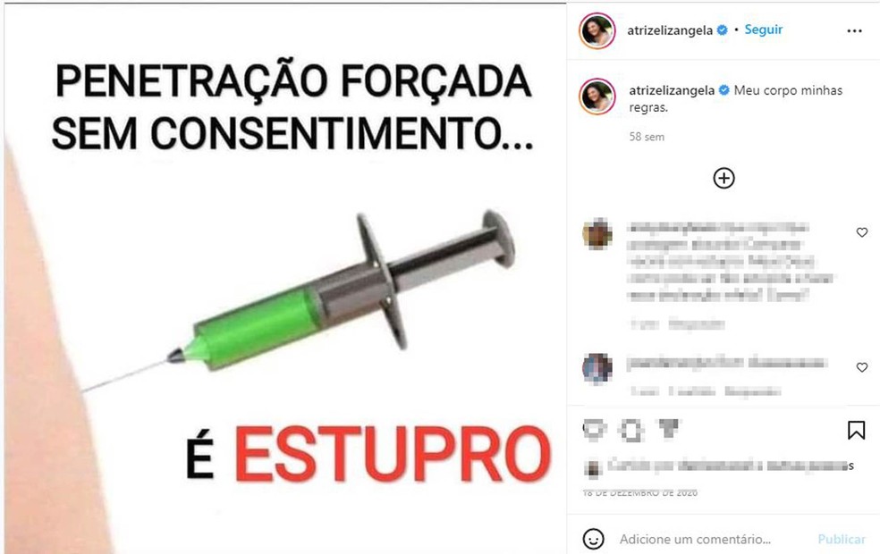 Post da atriz Elizangela sobre aplicação de injeção e estupro — Foto: Reprodução/Instagram