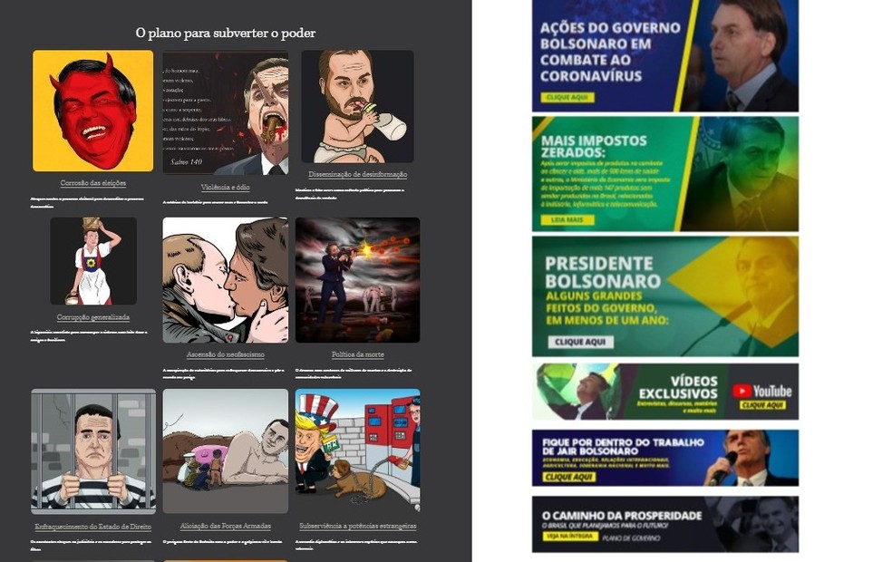 À esquerda, site 'bolsonaro.com.br' nesta quarta-feira (31) e, à direita, em 14 de abril de 2021 — Foto: Reprodução