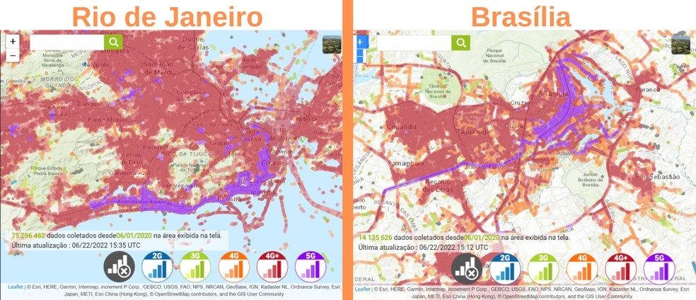 Mapa de cobertura 3G, 4G e 5G das cidades do Rio de Janeiro e Brasília revela a baixa adesão do 5G — Foto: Reprodução/nPerf
