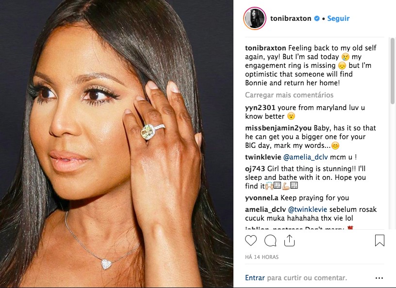O post feito pela cantora Toni Braxton lamentando o desaparecimento de sua aliança de noivado de dentro de sua mala (Foto: Instagram)