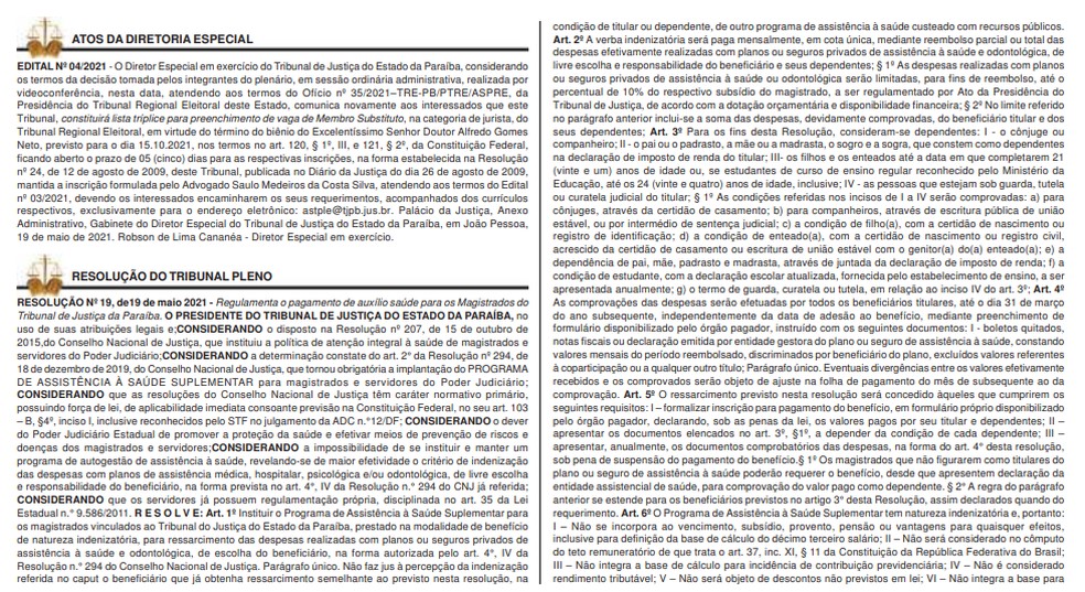 TJPB cria auxílio para ressarcir gastos de juízes com saúde — Foto: Reprodução/Diário da Justiça/TJPB