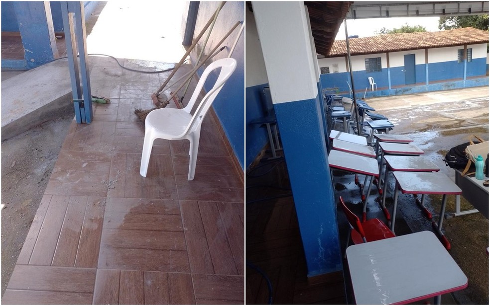 Professoras tiram mesas e cadeiras para lavar escola em Pirenópolis, Goiás — Foto: Reprodução/TV Anhanguera