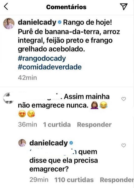 Daniel Cady rebate seguidor que falou do peso de Ivete Sangalo (Foto: Reprodução/Instagram)