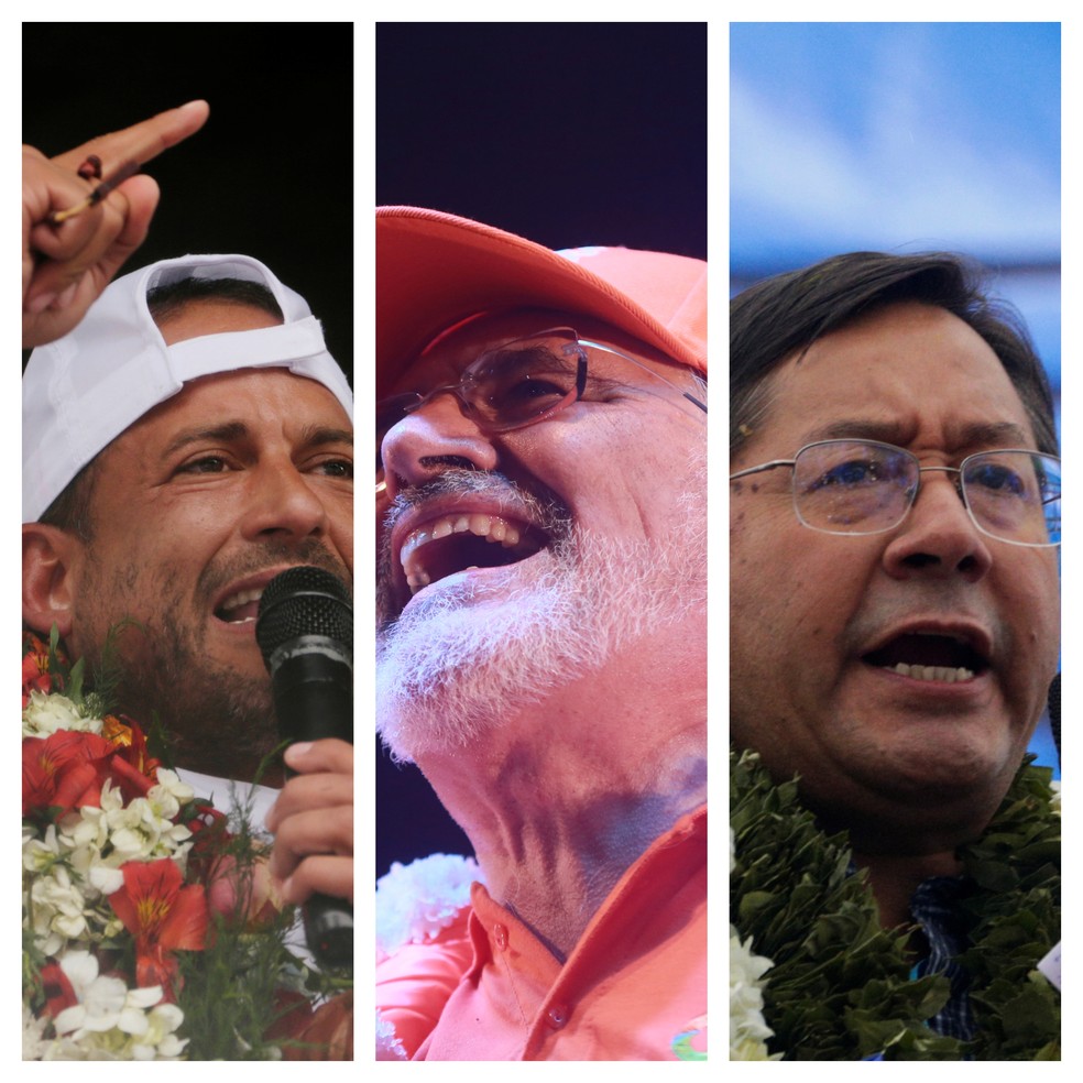 Luis Fernando Camacho, Carlos Mesa e Luis Arce, os candidatos à presidência da Bolívia — Foto: Reuters