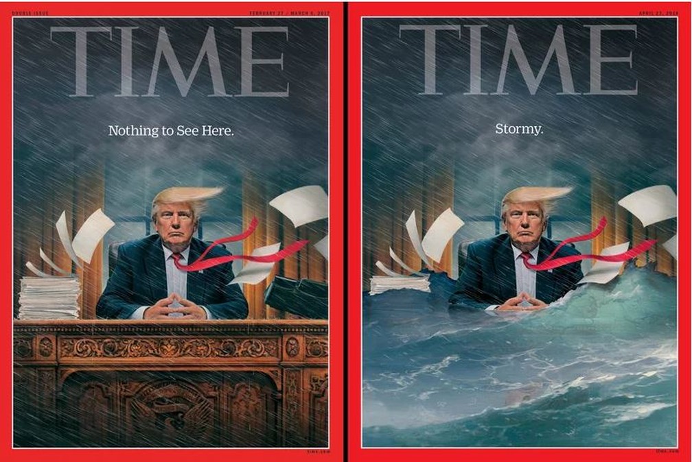 As duas capas anteriores da 'Time', de fevereiro e abril — Foto: Divulgação/'Time'