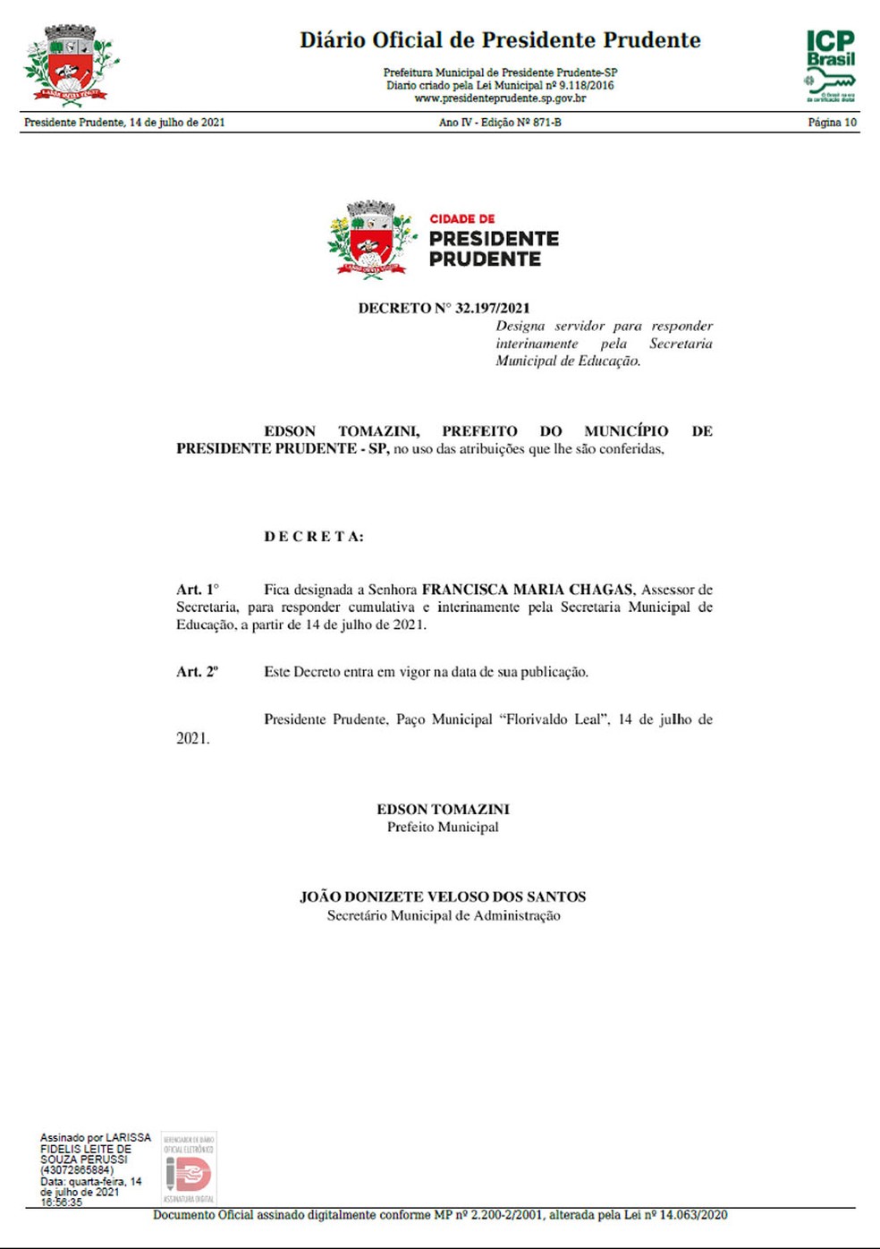 Decreto municipal nomeou interinamente a assessora Francisca Maria Chagas para o cargo de secretária de Educação de Presidente Prudente — Foto: Reprodução/DOE