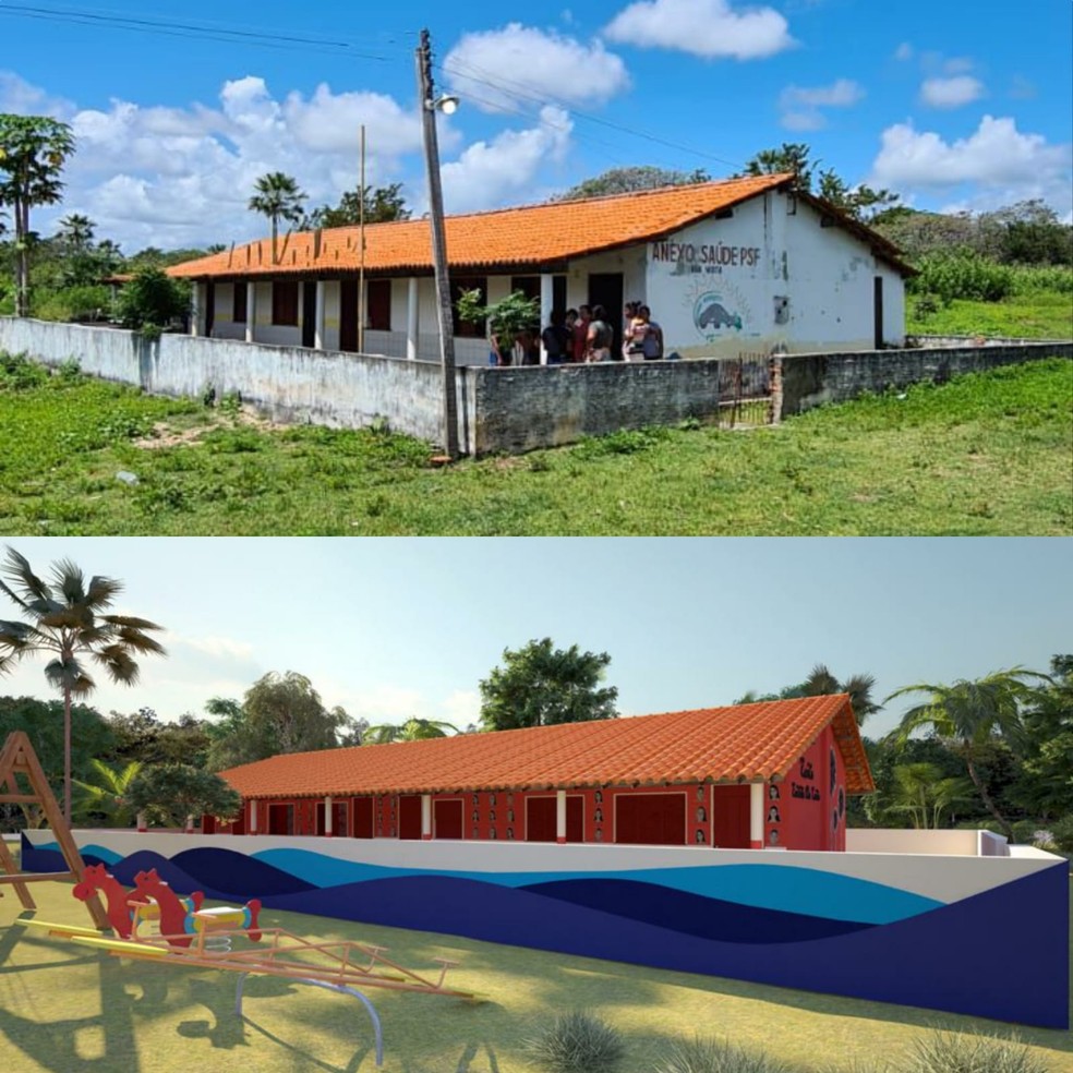 Projeto de escola no litoral do Piauí: antes e depois — Foto: Arquivo Pessoal