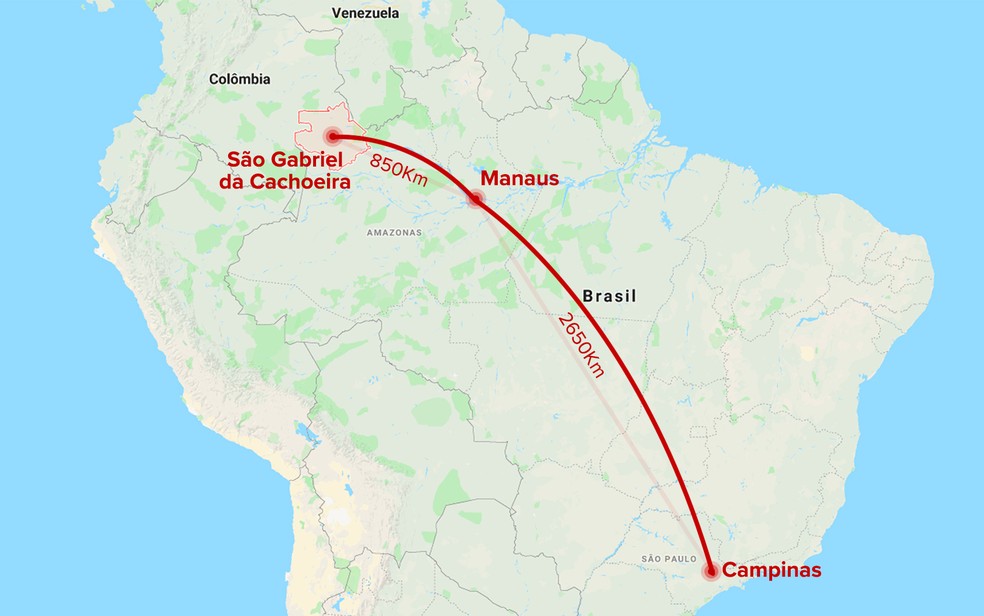 Mapa Campinas / Manaus / São Gabriel da Cachoeira — Foto: Arte / G1