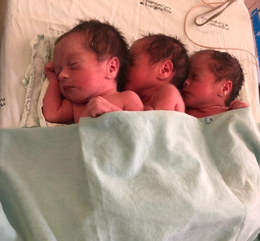 Trigêmeas Izabel, Eloá e Eloíza logo após o nascimento. — Foto: Arquivo pessoal