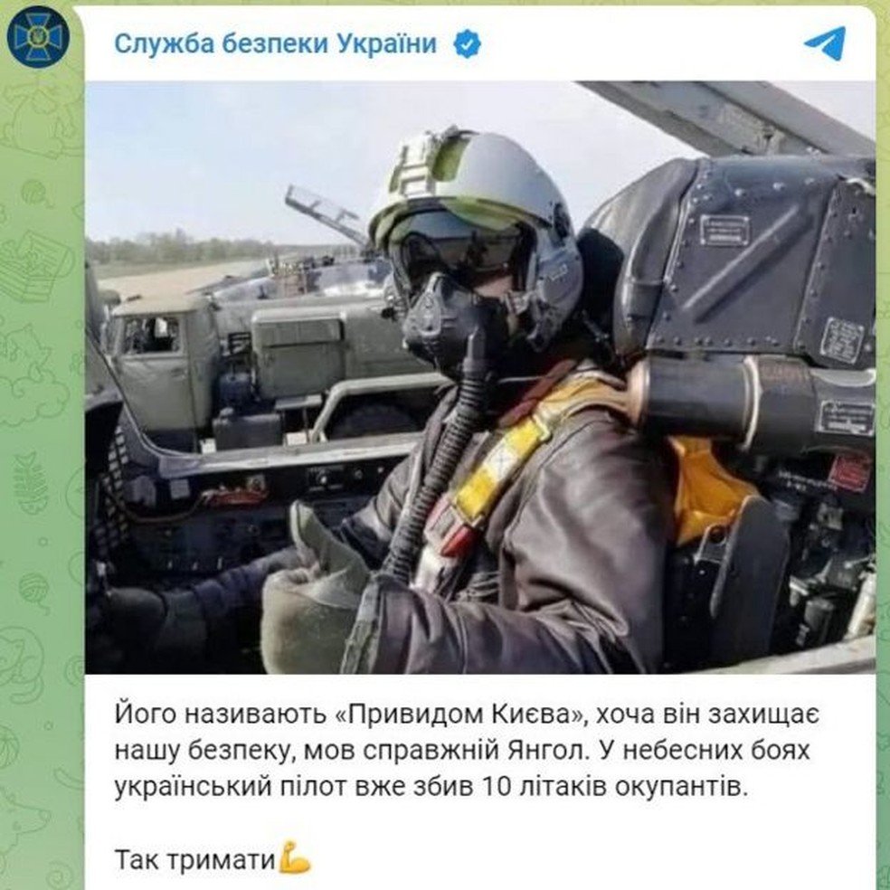 Em 27 de fevereiro, uma mensagem do Serviço de Segurança da Ucrânia apontava que o 'Fantasma de Kiev' havia derrubado 10 aeronaves russas — Foto:  SBU