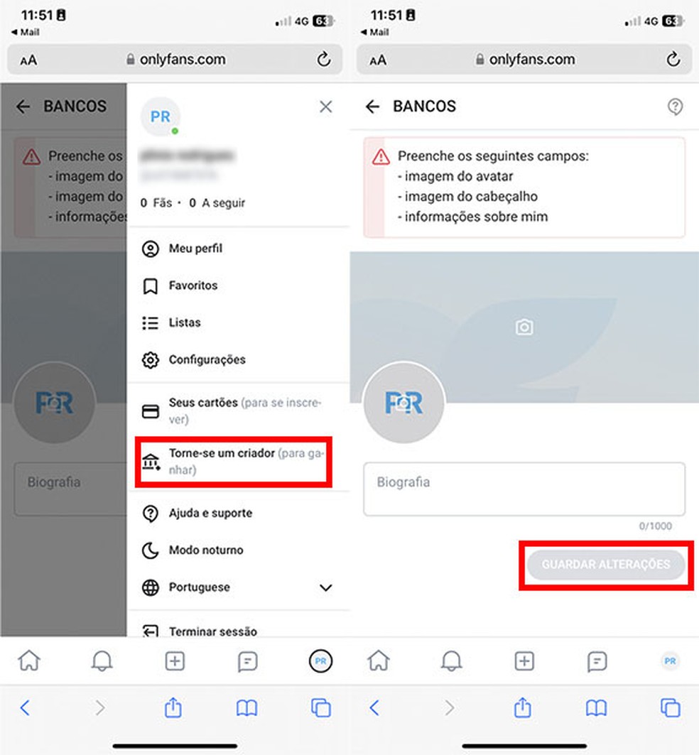 OnlyFans: para virar criador, é preciso ter um perfil completo — Foto: Reprodução/TechTudo