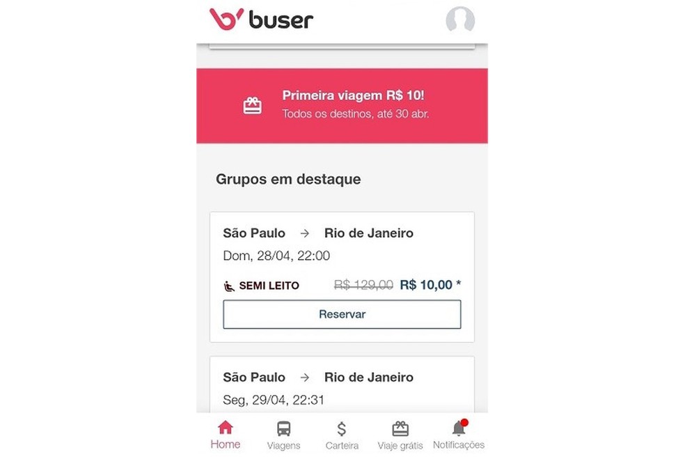 Na primeira viagem, o usuário paga apenas R$10 em sua viagem com o aplicativo Buser — Foto: Reprodução/Maria Dias