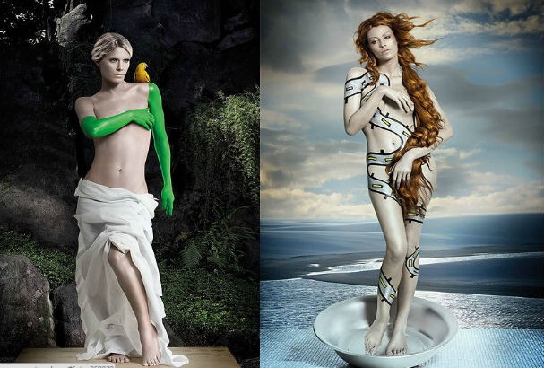 Carolina Dieckmann como a Venus de Milo e a Arara Juba e Fernanda Tavares como a Venus de Boticelli (Foto: Thiago Cóstackz/Lienio Medeiros/Fujocka Photodesign)