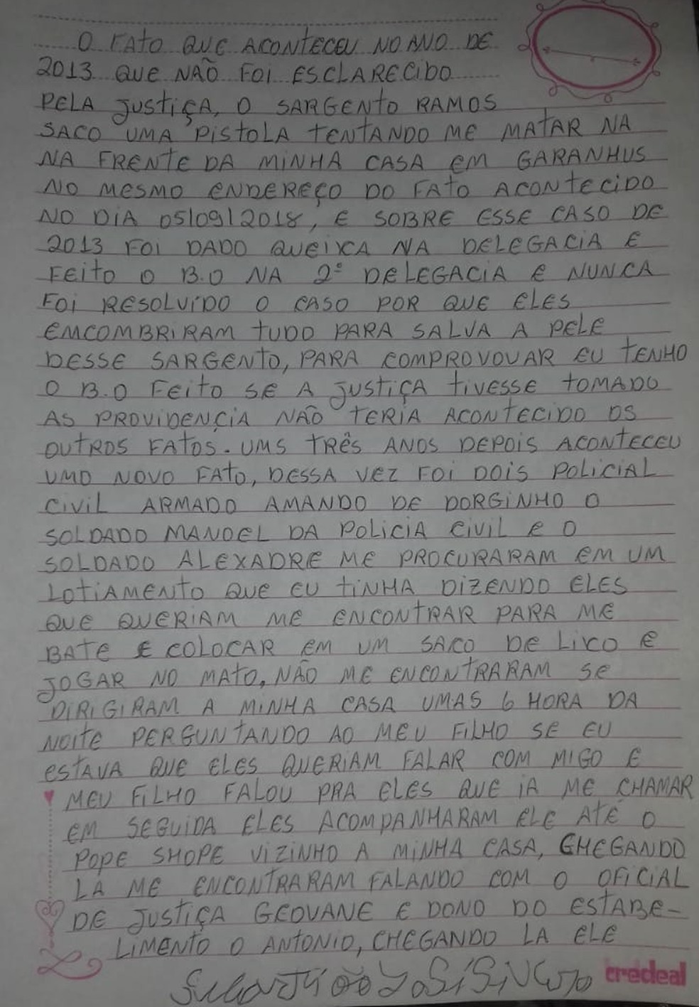 Primeira página da carta escrita por Sebastião José Severo — Foto: Roberto Marques/ Arquivo pessoal