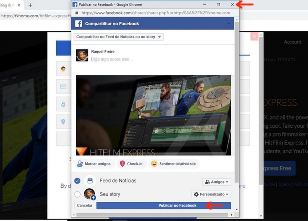 Post de compartilhamento do HitFilm Express no Facebook para baixar editor grátis — Foto: Reprodução/Raquel Freire