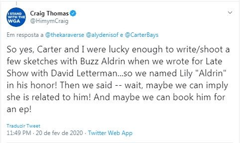 Em sua conta do Twitter, Craig Thomas, co-criador da série How I Met Your Mother, afirma que Lily Aldrin é parente do astronauta Buzz Aldrin (Foto: Twitter)