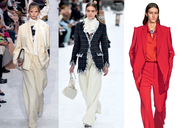 A partir da esquerda, ternos do inverno 2019/20 da Valentino, Chanel e Balenciaga (Foto: Imax Tree e Getty Images)