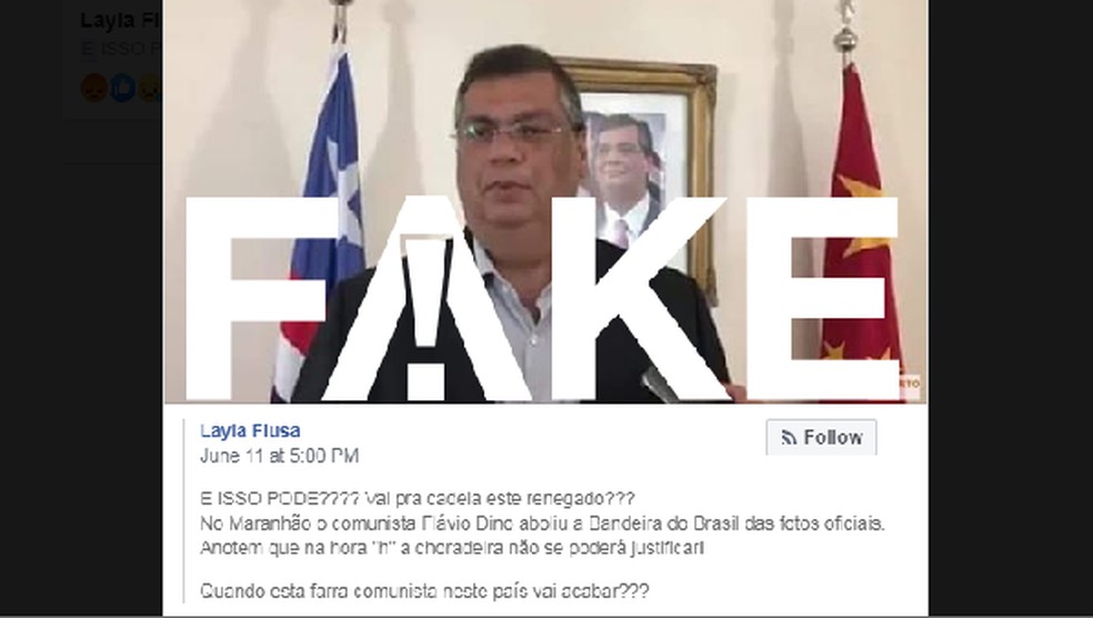 É #FAKE que Flávio Dino aboliu bandeira do Brasil de fotos oficiais — Foto: Reprodução / Internet