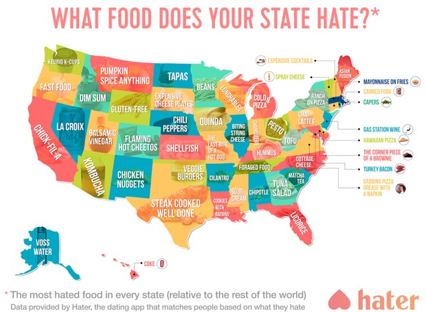 "Que comida o seu estado odeia?" diz o título do mapa (Foto: Hater)