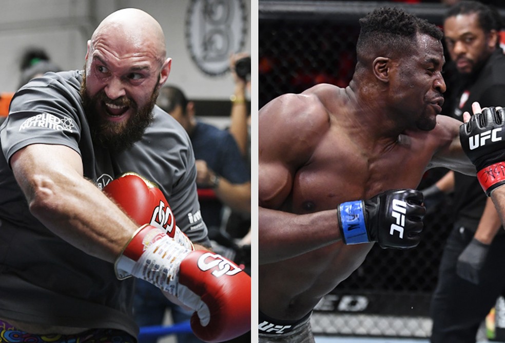 Tyson Fury (esq.) e Francis Ngannou (dir.) são campeões pesos-pesados no boxe e no MMA, respectivamente — Foto: Infoesporte
