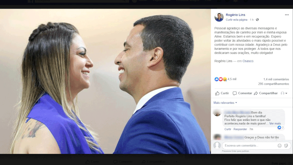 Primeira-dama e prefeito em foto da página dele no Facebook: 'Estamos bem', escreveu Rogério Lins sobre queimaduras que ele e Aline Lins sofreram — Foto: Reprodução/Facebook