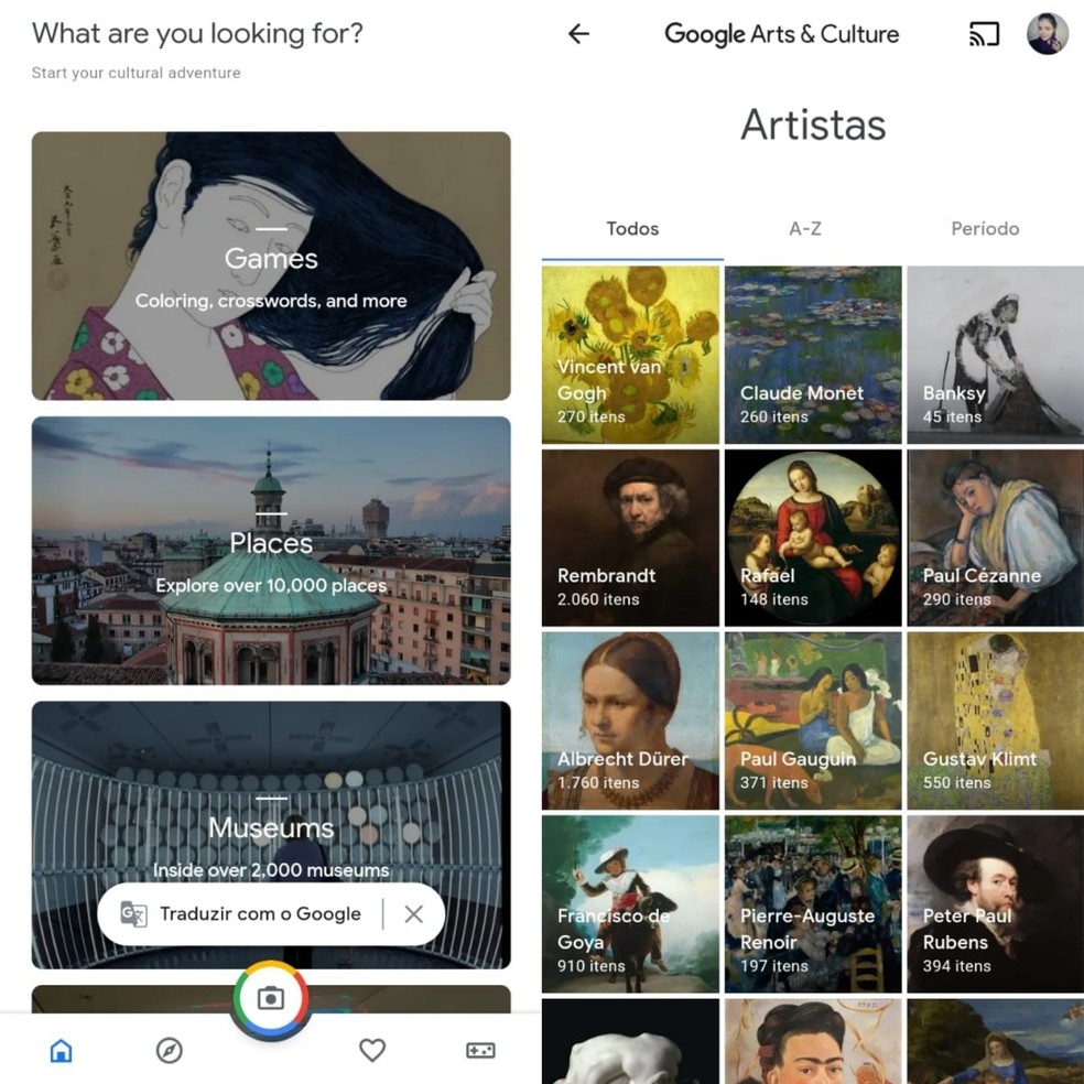 Google Arts & Culture: app permite explorar museus, visualizar obras de arte e aprender sobre artistas e suas obras — Foto: Reprodução/Clara Fabro