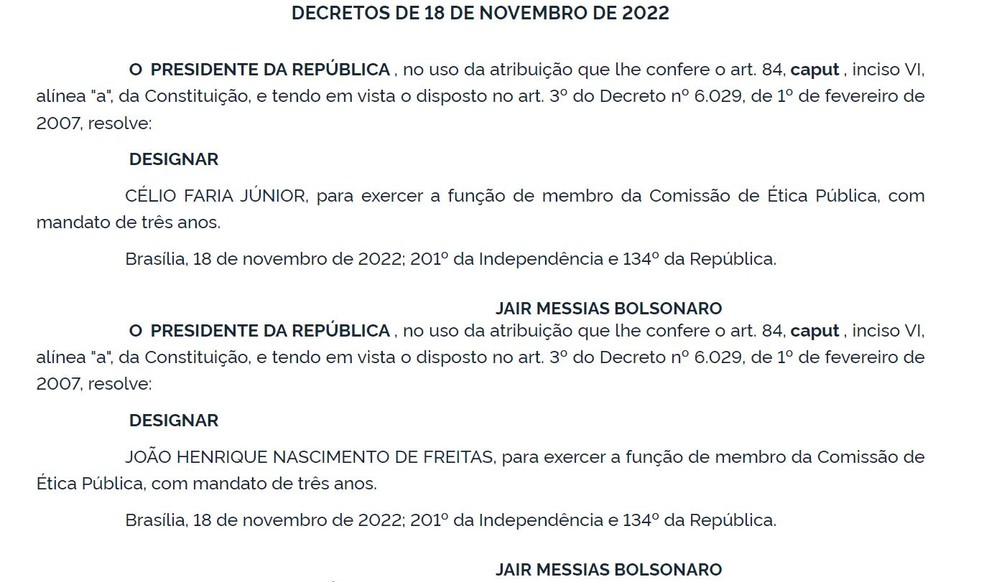 Nomeações de aliados de Jair Bolsonaro publicadas no Diário Oficial da União — Foto: Reprodução