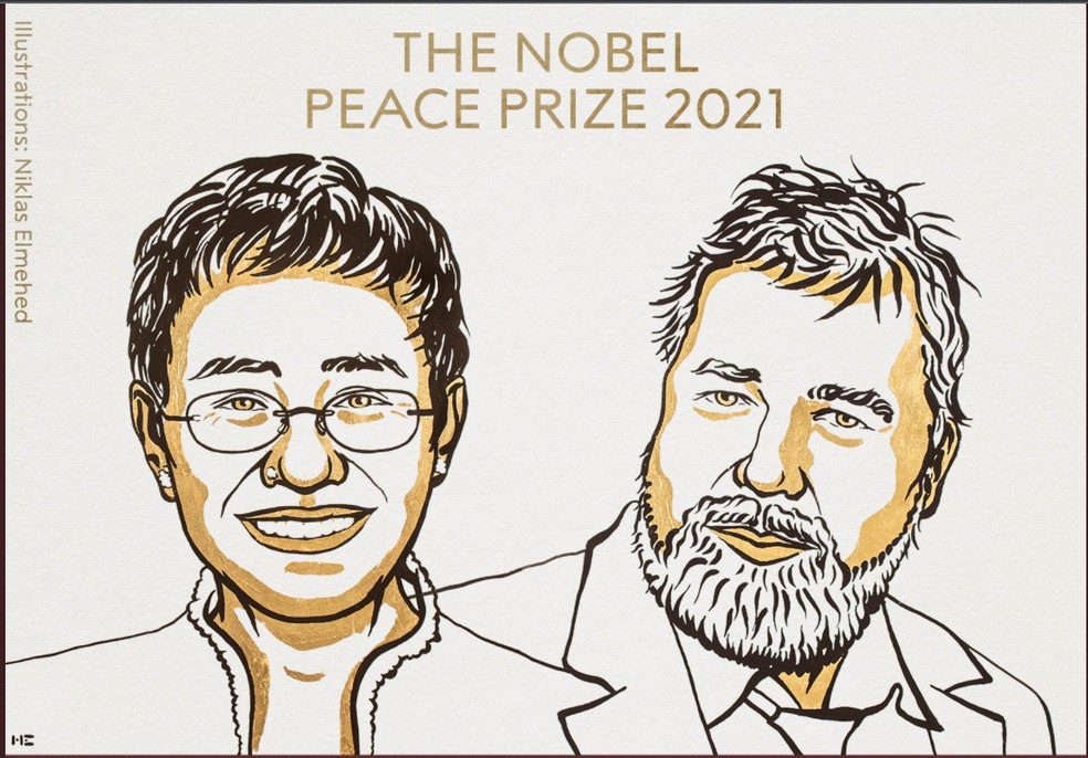 Ilustração mostra Maria Ressa e Dmitry Muratov, vencedores do prêmio Nobel da Paz de 2021 — Foto: Reprodução/Prêmio Nobel