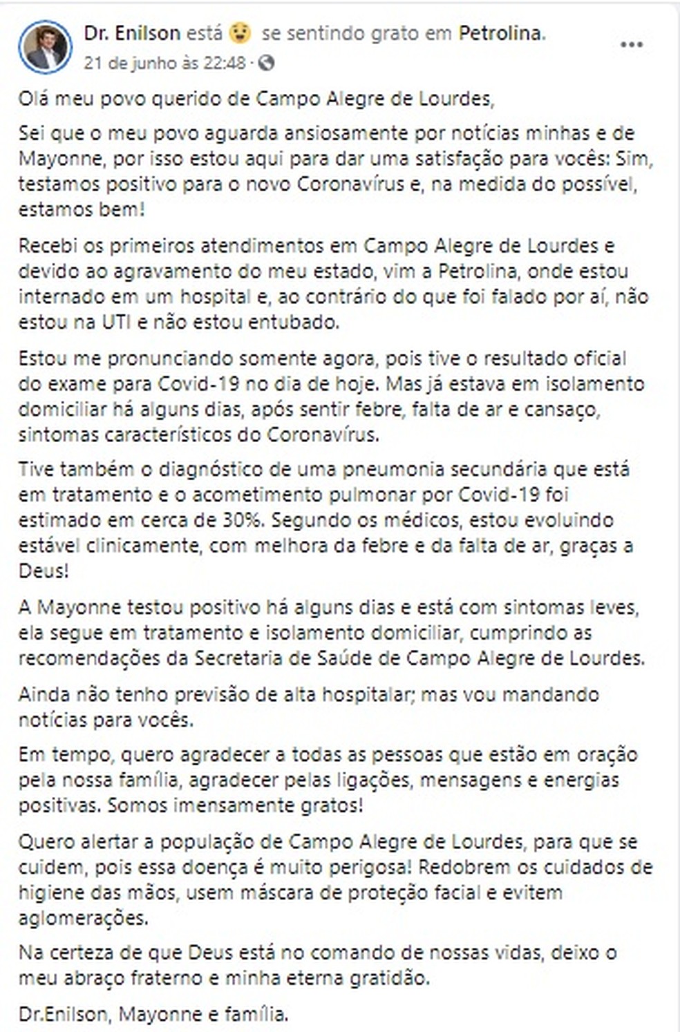 Prefeito anunciou que testou positivo para Covid-19 no último domingo — Foto: Reprodução