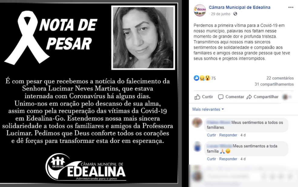 Câmara de Vereadores de Edealina homenageia professora Lucimar Neves, de 59 anos, que morreu com Covid-19 — Foto: Reprodução/Facebook