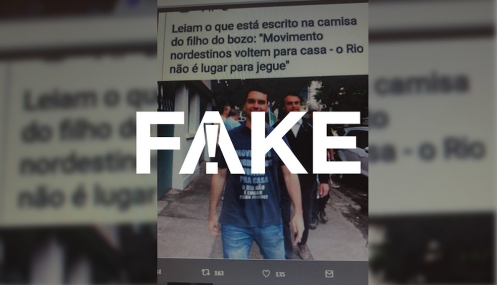 Imagem em que Flávio Bolsonaro aparece com camiseta com frase de ofensa a nordestinos é montagem — Foto: Foto: Arte G1/Rodrigo Cunha