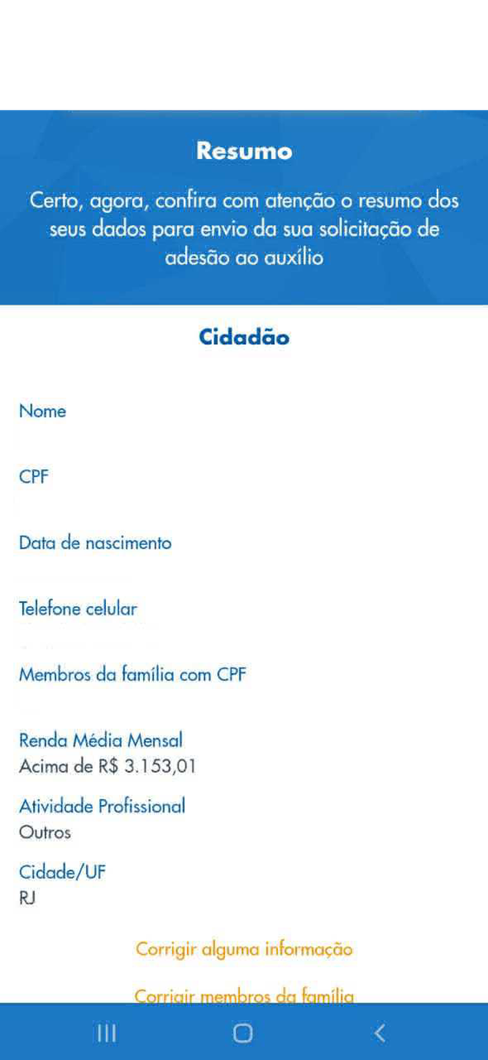 Página 11 para cadastro no programa de auxílio emergencial de R$ 600 no aplicativo da Caixa — Foto: Reprodução
