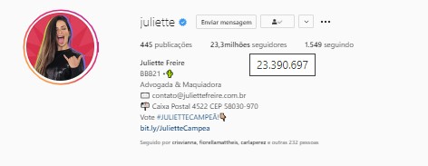 Número de seguidores de Juliette Freire (Foto: Reprodução/Instagram)