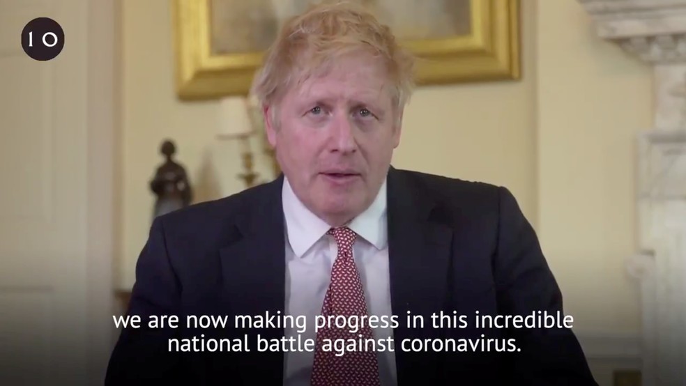 Primeiro-ministro britânico, Boris Johnson, em pronunciamento após ter alta da internação devido ao novo coronavírus — Foto: Twitter/@BorisJohnson via Reuters