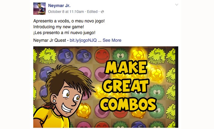 Postagem na página do Facebook do craque sobre o game NaymarJr (Foto: Reprodução/ Facebook)