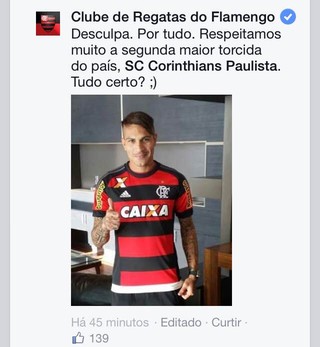 Timão cobra créditos por postagem do Fla, que responde com Guerrero