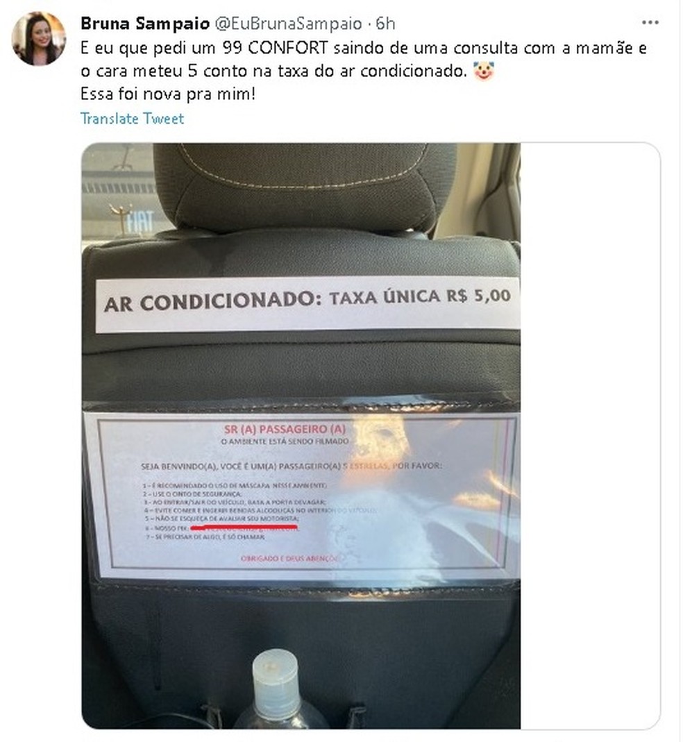 Post da cobrança de R$ 5 para ligar ar-condicionado. — Foto: Reprodução