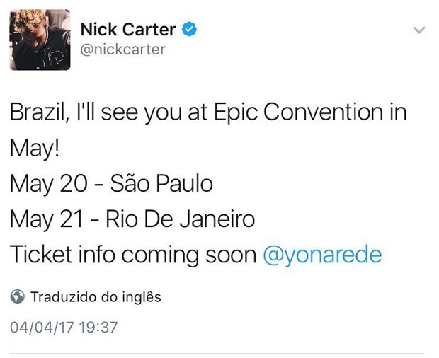 Nick Carter virá ao Brasil em maio para Epic Con (Foto: Reprodução)