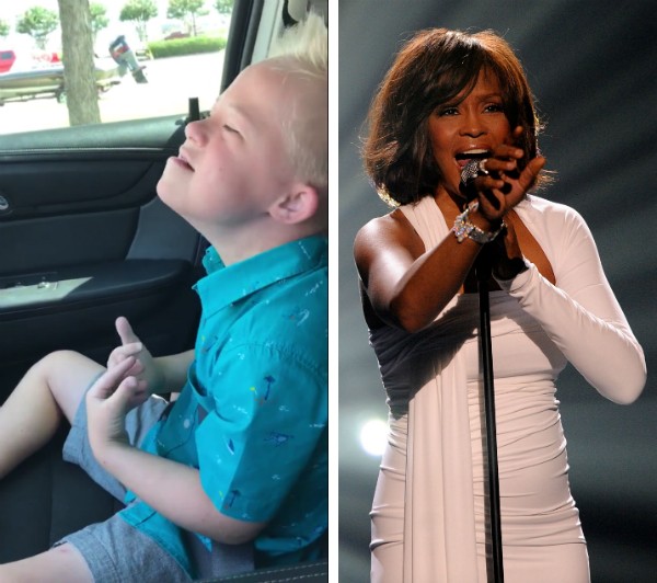 O pequeno Dane Miller e a cantora Whitney Houston (Foto: YouTube/Getty Images)