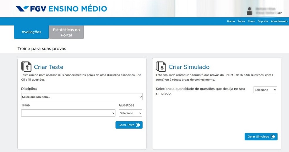 Sistema da FGV possibilita ao estudante escolher como quer montar seu simulado — Foto: Reprodução: Barbara Ablas