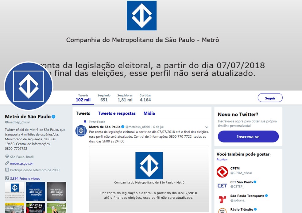 Metrô paralisou atualização das redes sociais em 7 de julho (Foto: Twitter/reprodução)