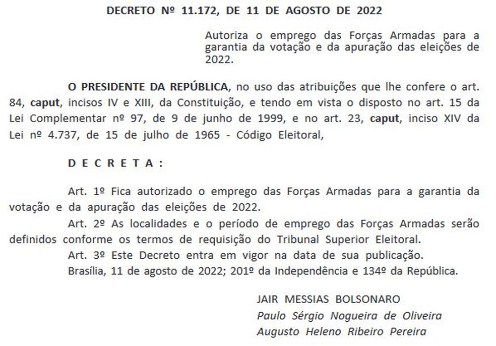 Bolsonaro autoriza o uso das Forças Armadas nas eleições deste ano — Foto: Reprodução / Diário Oficial da União