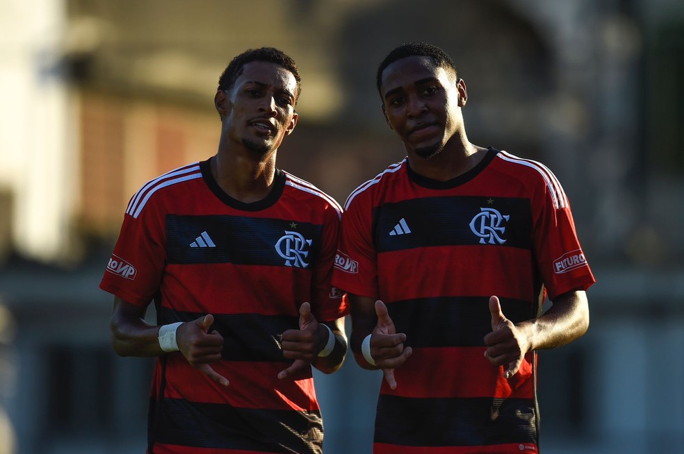 Pedrinho e Lorran em jogo do Flamengo pelo Brasileir&atilde;o sub-20 &mdash; Foto: Marcelo Cortes / Flamengo