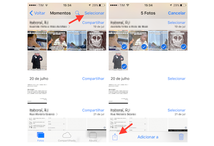 Selecionando as fotos que serão ocultadas da biblioteca do iOS 9 (Foto: Reprodução/Marvin Costa)