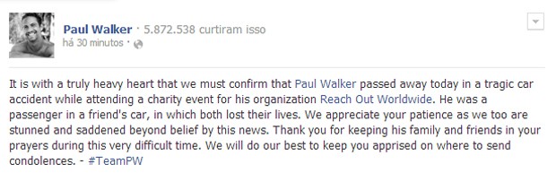 Nota oficial no Facebook do ator confirma morte (Foto: Reprodução/Facebook)