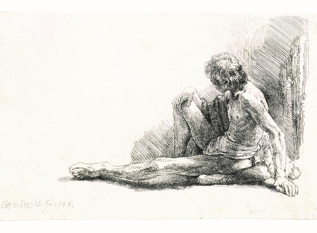 Jovem sentado no chão com uma perna estendida -  Rembrandt H. van Rijn - Coleção Fundação Ema Klabin (Foto: Divulgação)