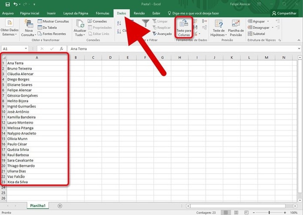Arne Por nombre campana Como separar texto no Excel em mais de uma coluna; veja dica | Dicas e  Tutoriais | TechTudo