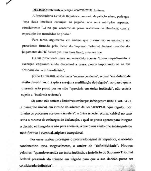 Página 1 da decisão de Joaquim Barbosa sobre o pedido de prisão imediata dos condenados no julgamento do mensalão (Foto: Reprodução)