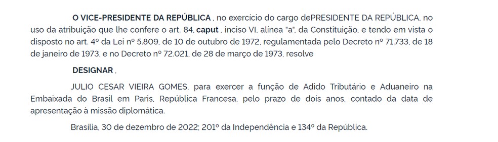 Publicação do Diário Oficial da União, de 30 de dezembro de 2022 — Foto: Reprodução