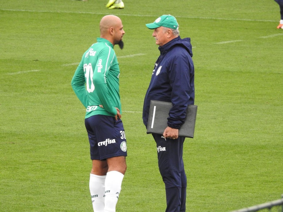 Felipe Melo conversa com Felipão antes de treino do Palmeiras nesta quarta — Foto: Felipe Zito